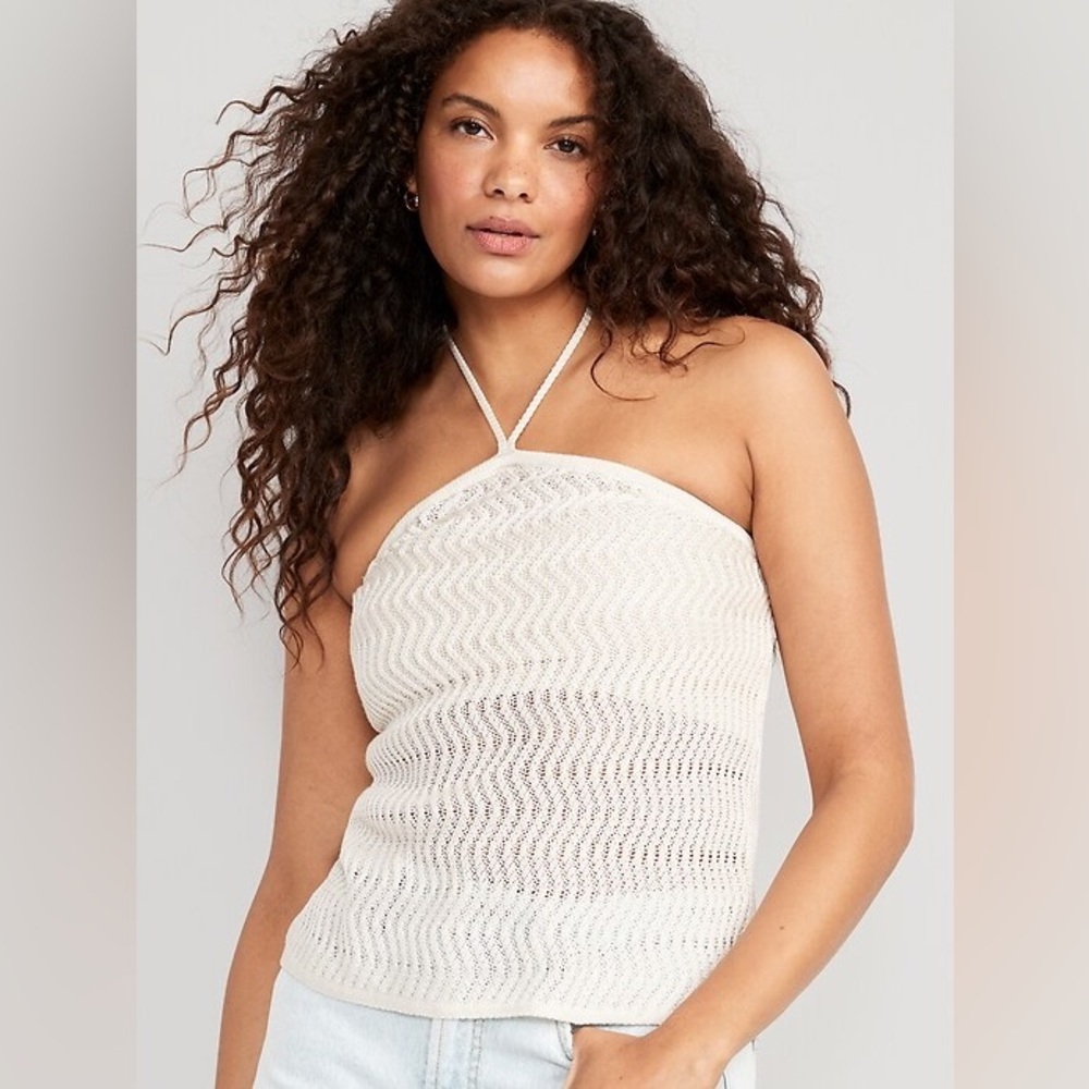 Old Navy Fitted Halter Cropped Sweater White Open Knit‎ Beachy Top XL Tall